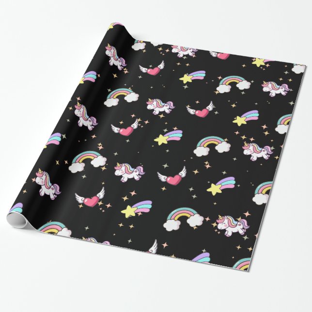 Black Cute Rainbow Unicorn Star Magical Presentpapper (Utrullad)