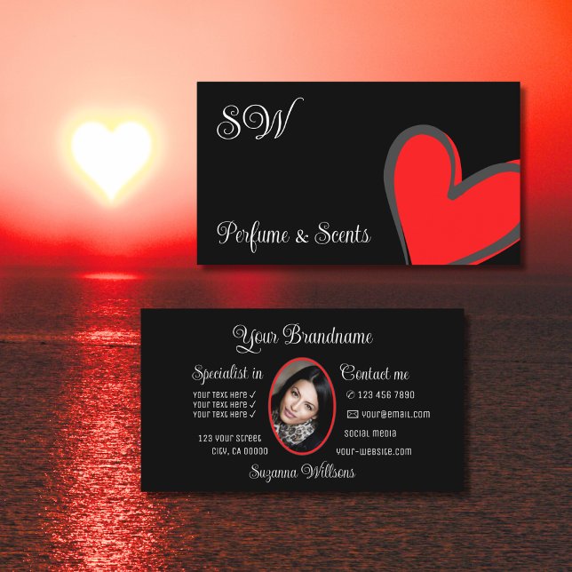 Black Cute Red Heart Chic med Monogram och Photo Visitkort (Skapare uppladdad)