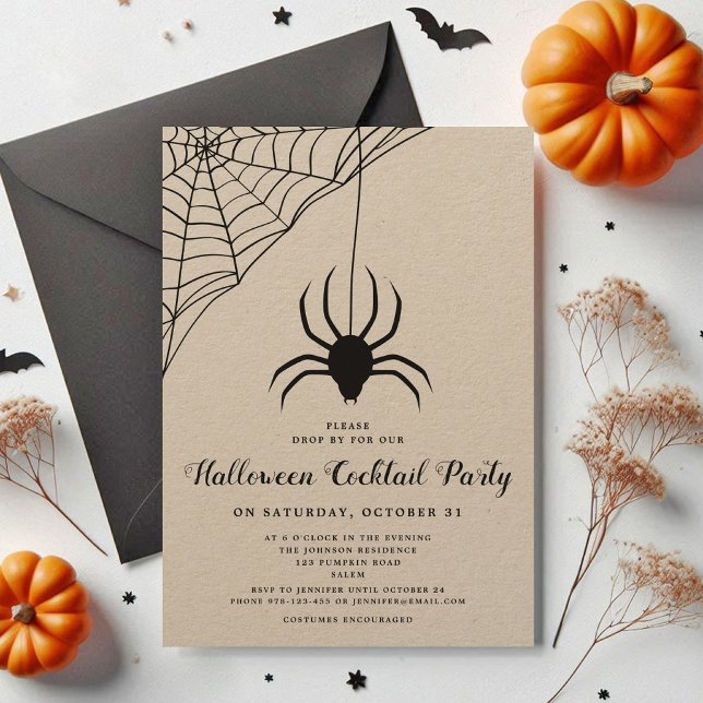 Black Cute Spider Halloween Cocktail Party Inbjudningar (Black Cute Spider Halloween Cocktail Party Invitation)