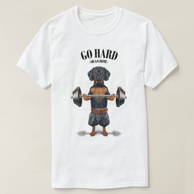 Black Dachshund Dog Muscle Training Weightlifting  T Shirt (Design framsida)