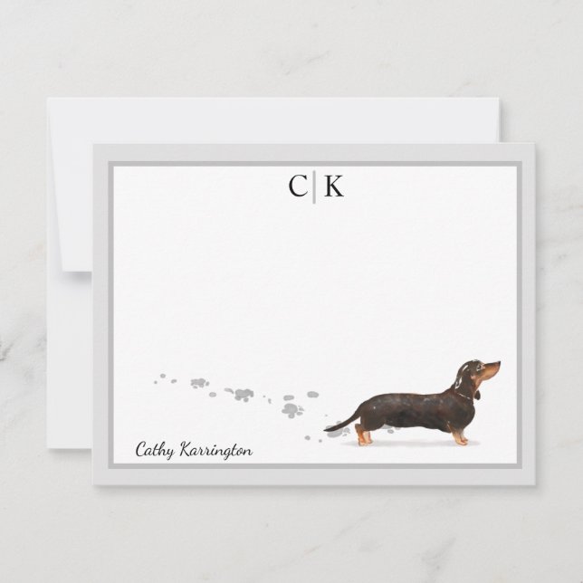 Black Dachshund Grått Gräns Monogram ditt namn Anteckningskort (Framsida)