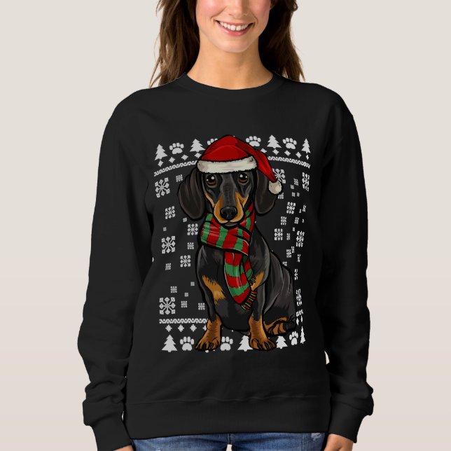 Black Dachshund Hund Santa Hat Julafton T Shirt (Framsida)