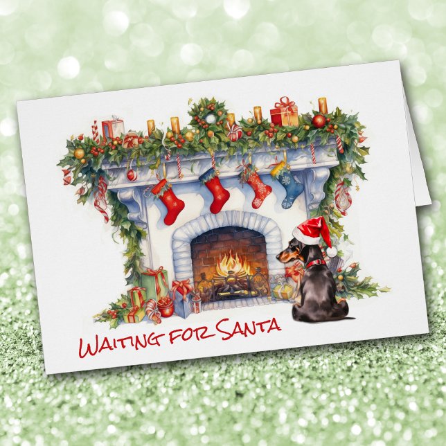 Black Dachshund Hund Wait for Santa Fireplace Hälsningskort (Skapare uppladdad)