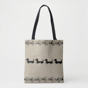 Black Dachshund Silhouette Vintage Blommigt Tote Tygkasse