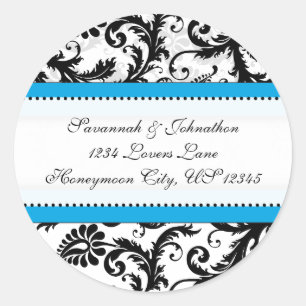 Black Damask Aquamarine Trim Bröllop Seal Runt Klistermärke