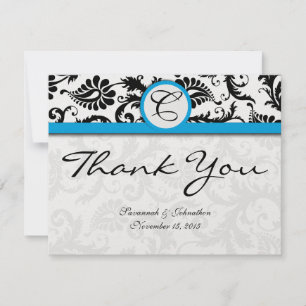 Black Damask Aquamarine Trim Bröllop Tack Kort