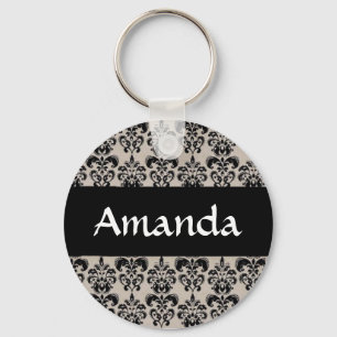 Black Damask Blommigt Personlig Namn Nyckelring