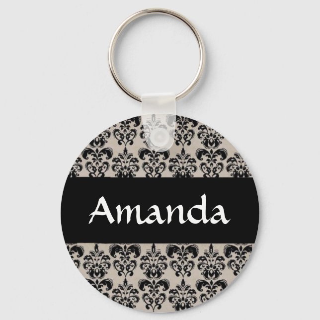 Black Damask Blommigt Personlig Namn Nyckelring (Framsida)
