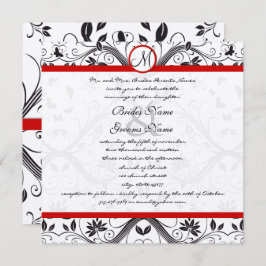 Black Damask Butterfly Swirls Red Trim Bröllop Inbjudningar