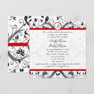 Black Damask Butterfly Swirls Red Trim Bröllop Inbjudningar