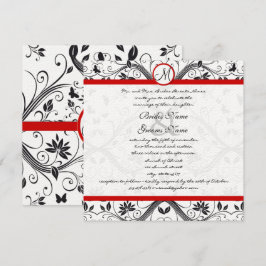 Black Damask Butterfly Swirls Red Trim Bröllop Inbjudningar