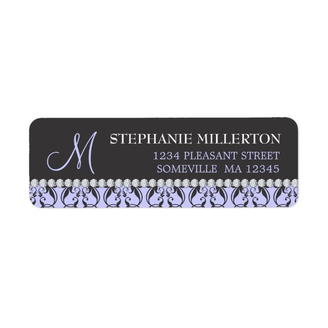 Black Damask & Diamonds Monogram-adressetikett Returadress Etikett (Framsidan)