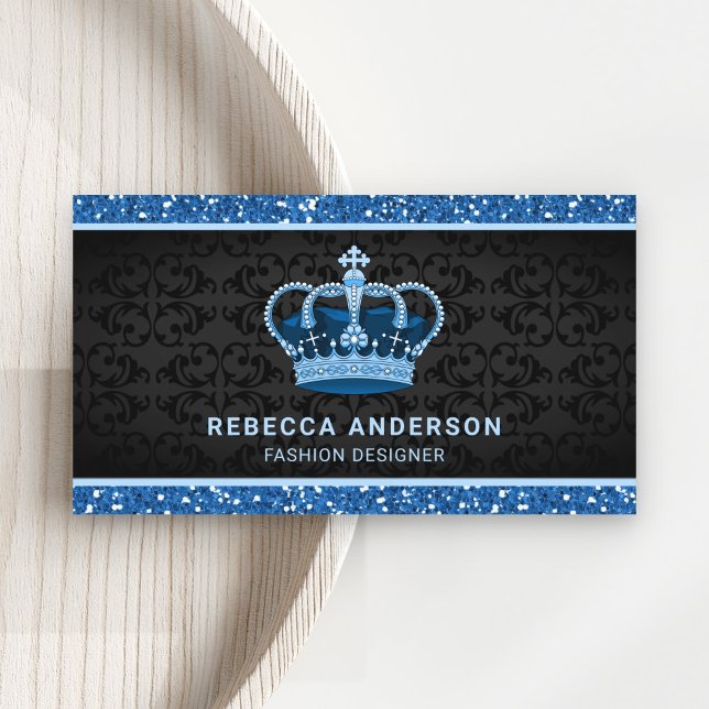 Black Damask Faux Blue Glitter Royal Krona Visitkort (Skapare uppladdad)