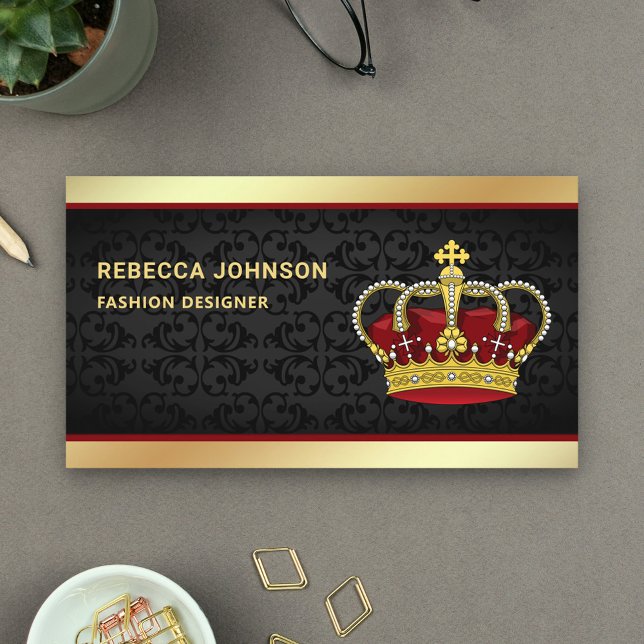 Black Damask Faux Gold Foil Red Krona Visitkort (Skapare uppladdad)