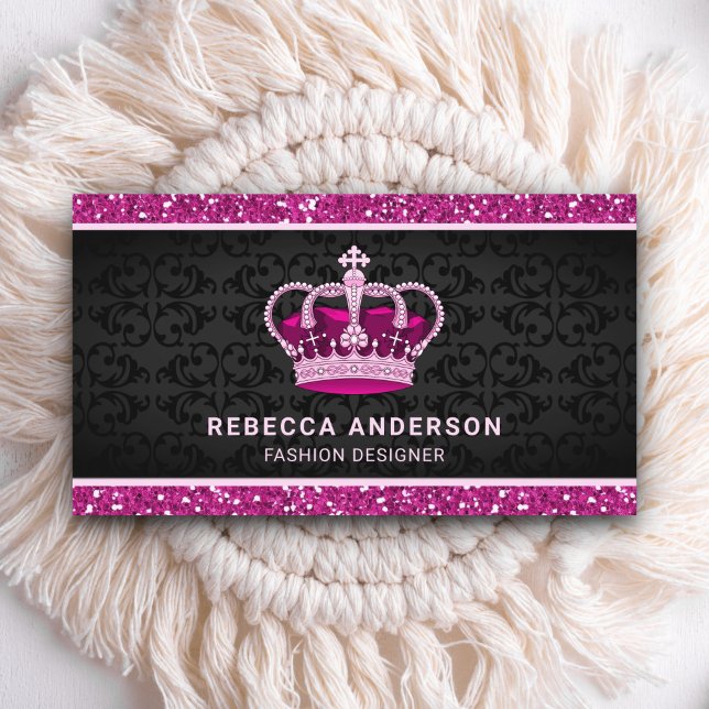 Black Damask Faux Shock rosa Royalet Glitter Krona Visitkort (Skapare uppladdad)