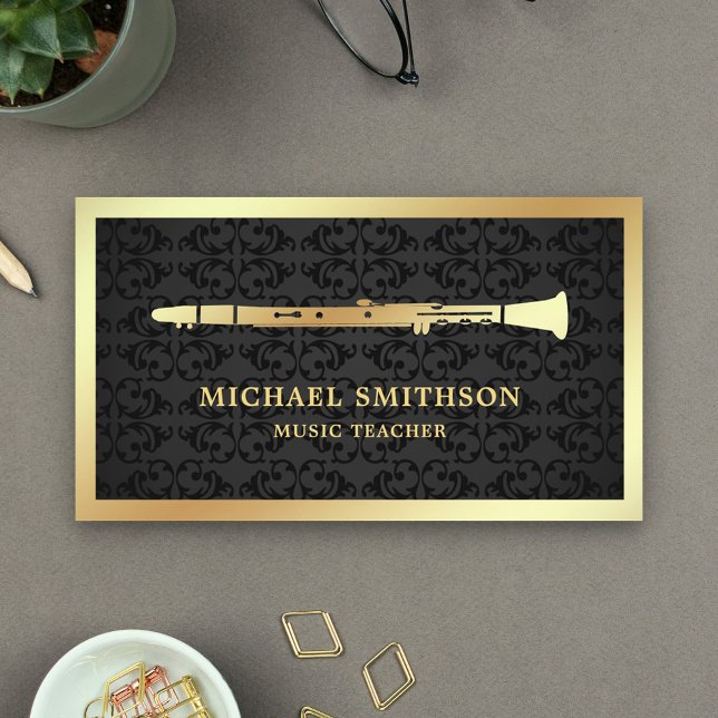 Black Damask Gold Foil Clarinet Music Teacher Visitkort (Skapare uppladdad)