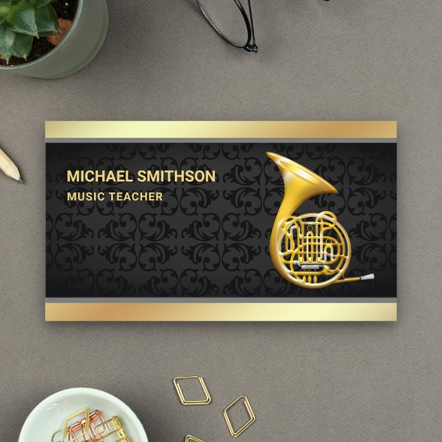 Black Damask Gold Foil Fransk Horn Music Lärare Visitkort (Skapare uppladdad)