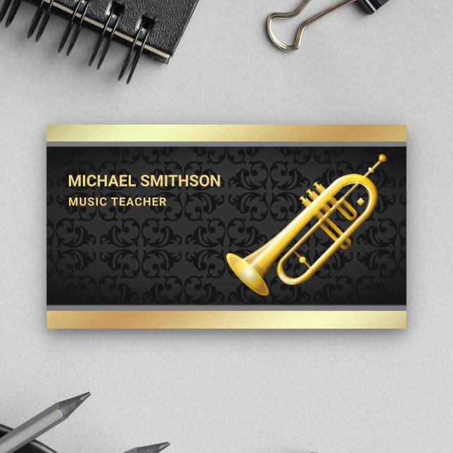Black Damask Gold Foil Trumpet Music Teacher Visitkort (Skapare uppladdad)