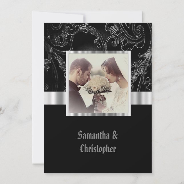 Black damask gothic wedding photo invitation inbjudningar (Baksida)