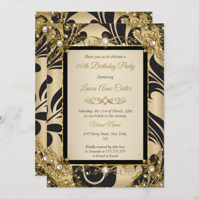 Black Damask Guld Beige Photo Födelsedagsfest Inbjudningar (Fram/baksida)
