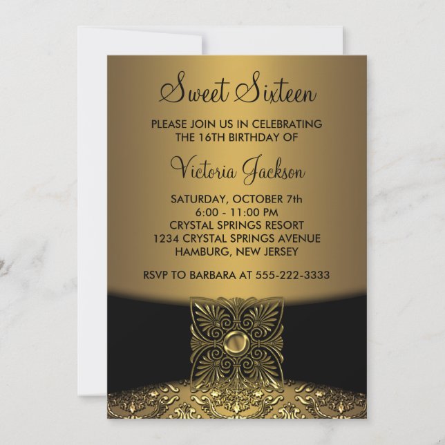 Black Damask Guld Classy Sweet sixteen Party Inbjudningar (Framsida)