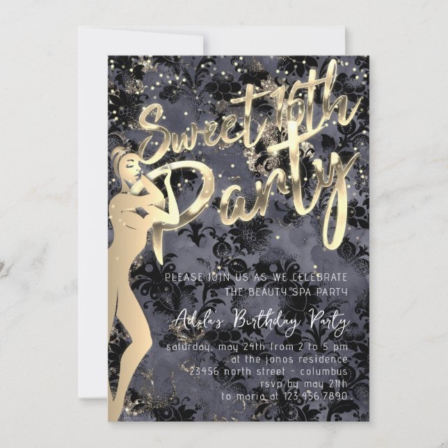 Black Damask Guld Confetti Sweet 16:e Party Inbjudningar (Framsida)