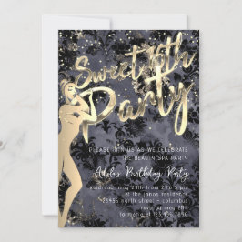 Black Damask Guld Confetti Sweet 16:e Party Inbjudningar