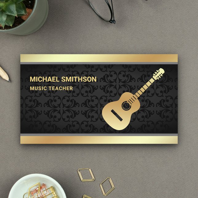Black Damask Guld Guitar Music Teacher Guitarist Visitkort (Skapare uppladdad)