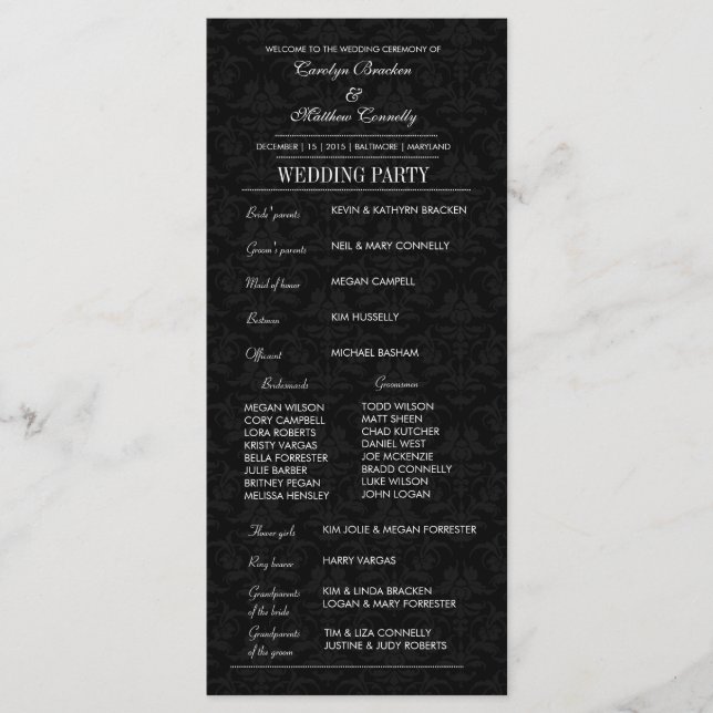 Black Damask-kort för elegant bröllop Ceremony-pro Program (Framsida)