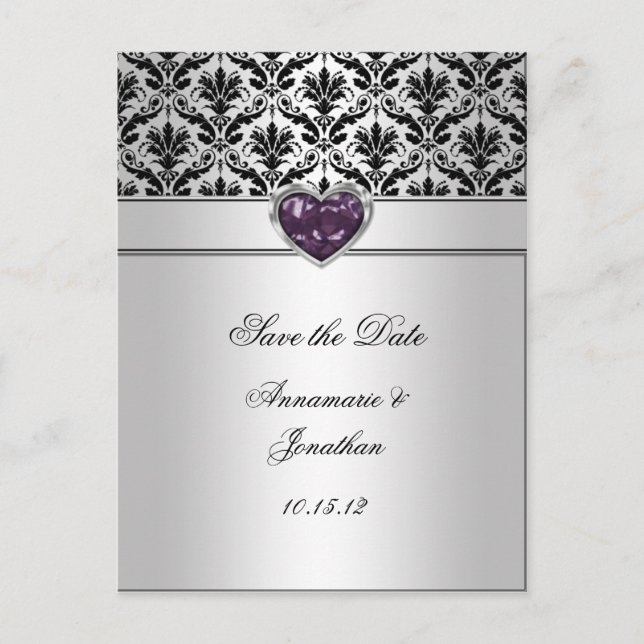 Black Damask Lila Jewel Heart Silver Spara Da Meddelande Vykort (Framsida)
