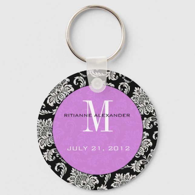 Black Damask Lila Monogram Bröllop-nyckelkedja Nyckelring (Framsida)