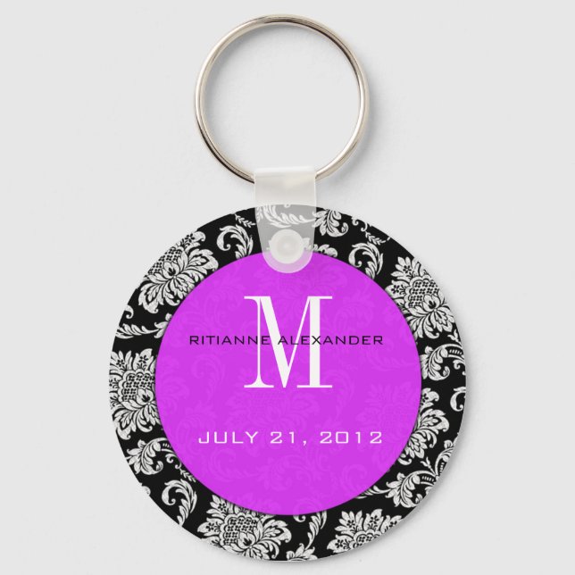 Black Damask Lila Monogram Bröllop-nyckelkedja Nyckelring (Framsida)