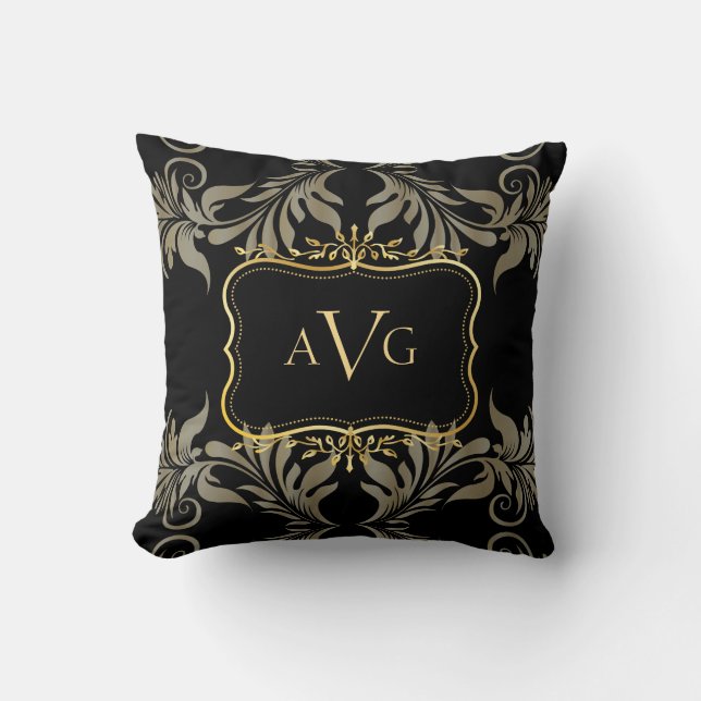 Black Damask med guld ram monogram Kudde (Framsida)