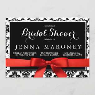 Black Damask med Red Ribbon Möhippa Inbjudningar