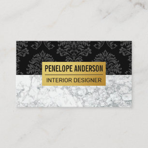 Black Damask Metallic Mönster Vit marmor Visitkort