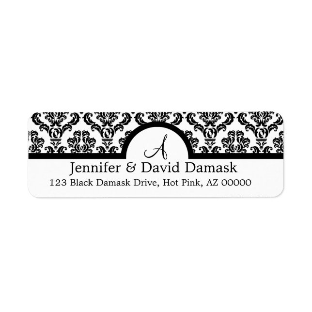 Black Damask Monogram-Adressetiketter Returadress Etikett (Framsidan)
