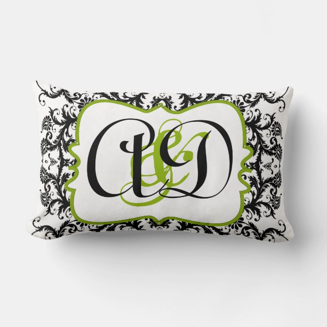 Black Damask Monogram Brides Pillow Lumbarkudde (Framsida)