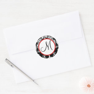 Black Damask Monogram Bröllop Seal Runt Klistermärke