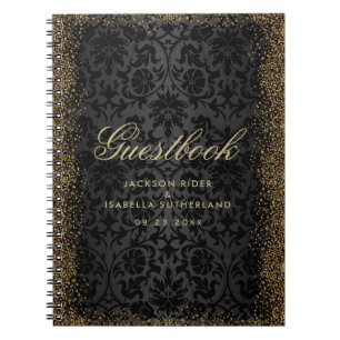 Black Damask och Guld Confetti Glitter - Guestbook Anteckningsbok Med Spiral