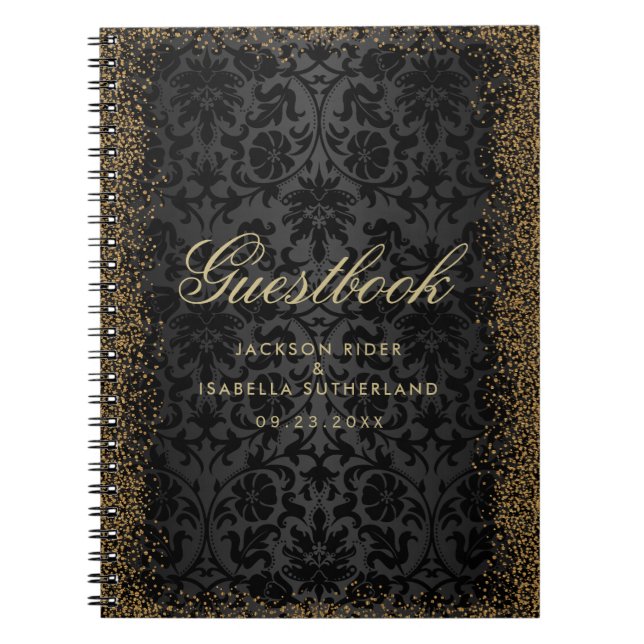 Black Damask och Guld Confetti Glitter - Guestbook Anteckningsbok Med Spiral (Framsidan)