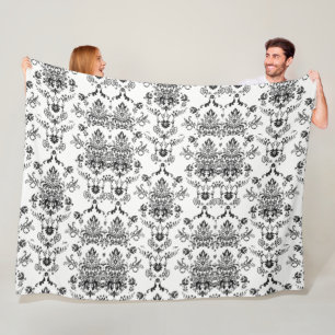 Black Damask on White Fleecefilt