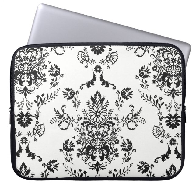 Black Damask on White Laptop Fodral (Framsidan)