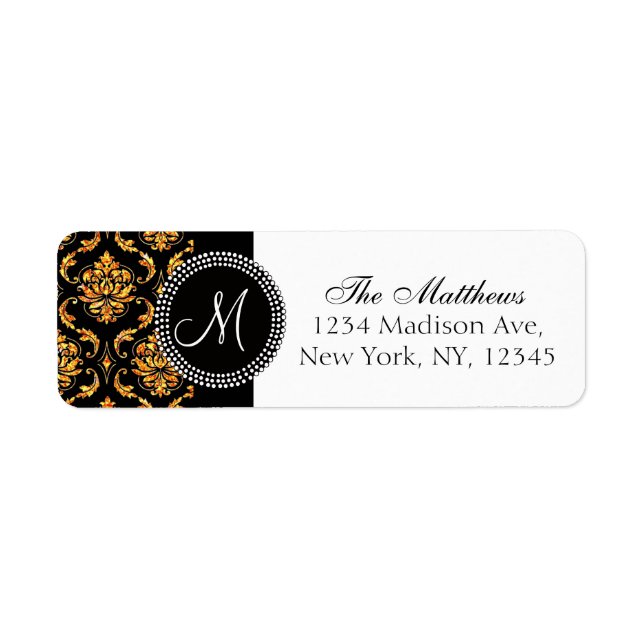 Black Damask Orange Glitter-tryckt Monogram Returadress Etikett (Framsidan)