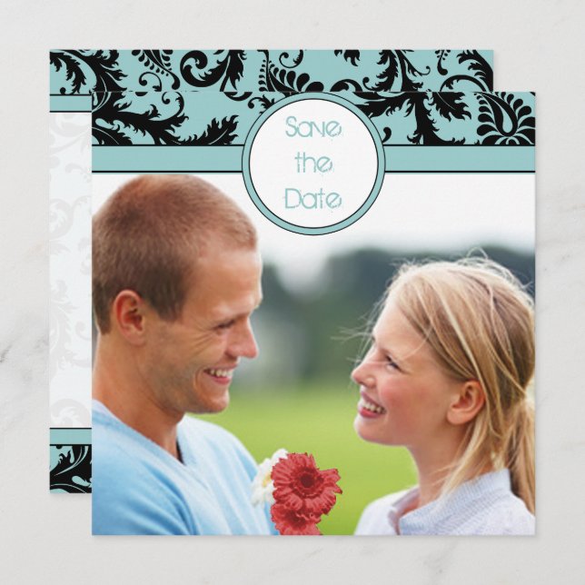 Black Damask på Aqua Bröllop spara datum Inbjudningar (Fram/baksida)