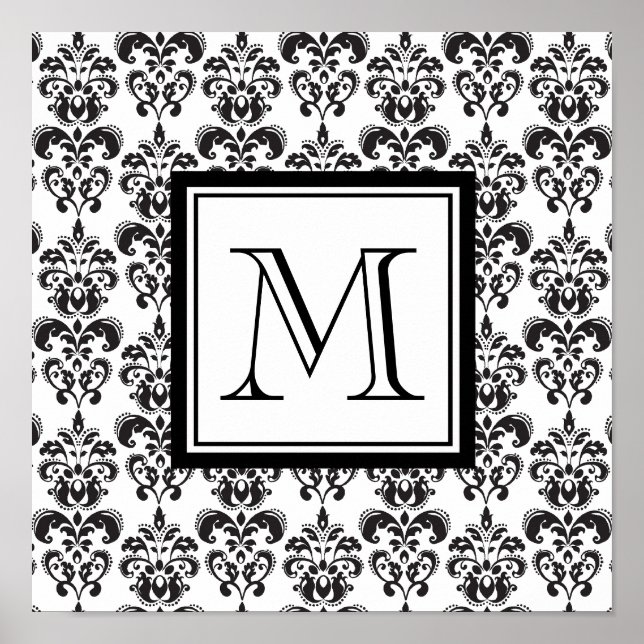 Black Damask Pattern 2 med ditt monogram Poster (Framsidan)