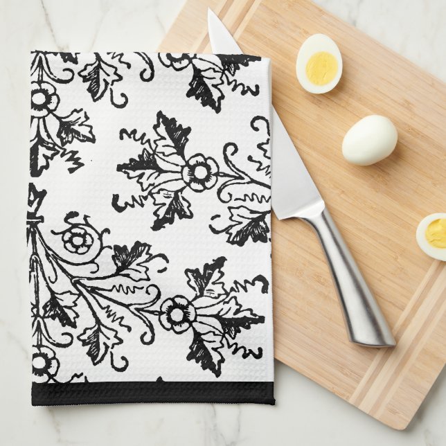 Black Damask Pattern på White Kitchen Towel Kökshandduk (Vikt i Fjärdedel)