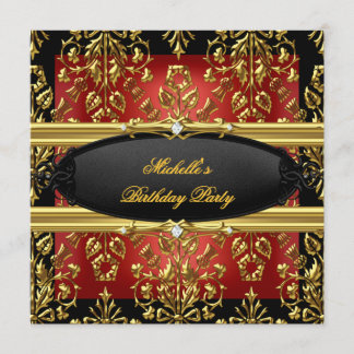 Black Damask Red Födelsedagsfest Guld 2 Diamond Inbjudningar