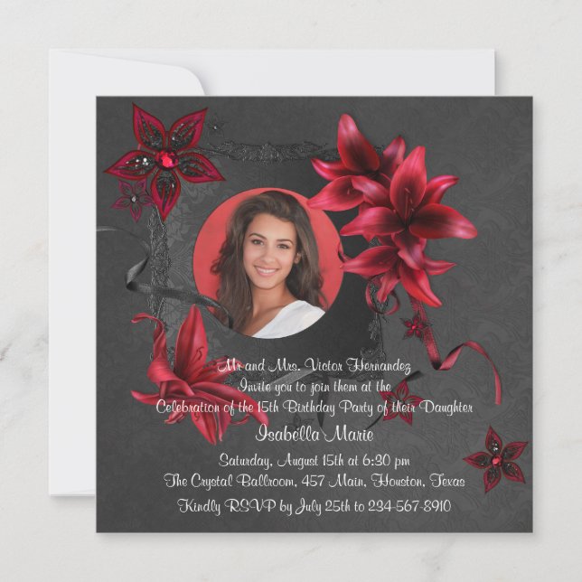 Black Damask Red Lilies Photo Quinceanera Inbjudningar (Framsida)