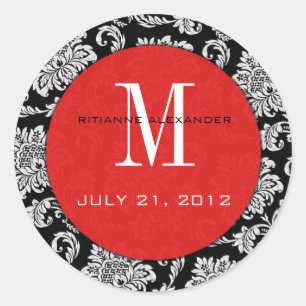 Black Damask Red Monogram Bröllop Sticker Runt Klistermärke