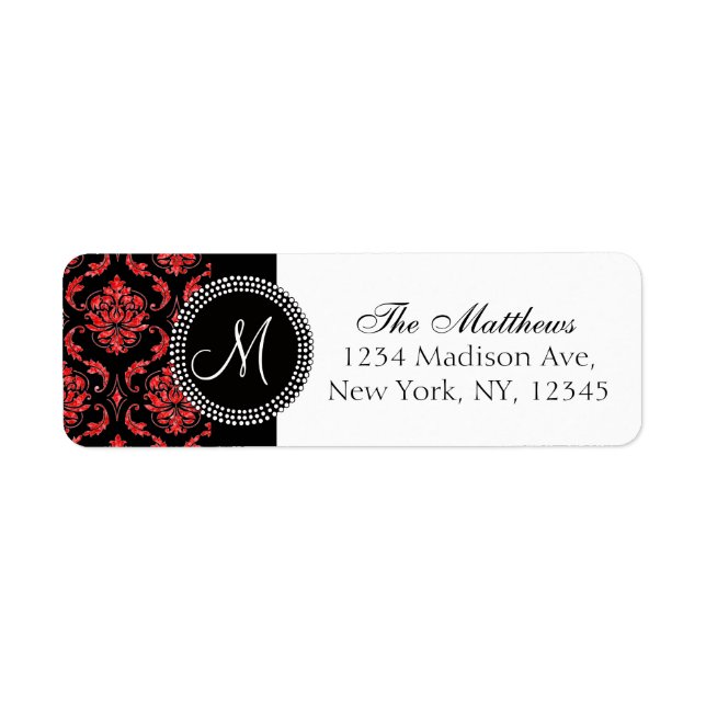 Black Damask Red Prated Glitter Prated Monogram Returadress Etikett (Framsidan)
